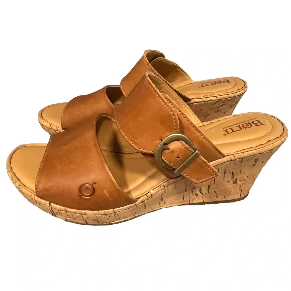 Born Cork High Wedge Sz 11 Tan Brown Leather Sandal Strap Slip On Buckle EUC